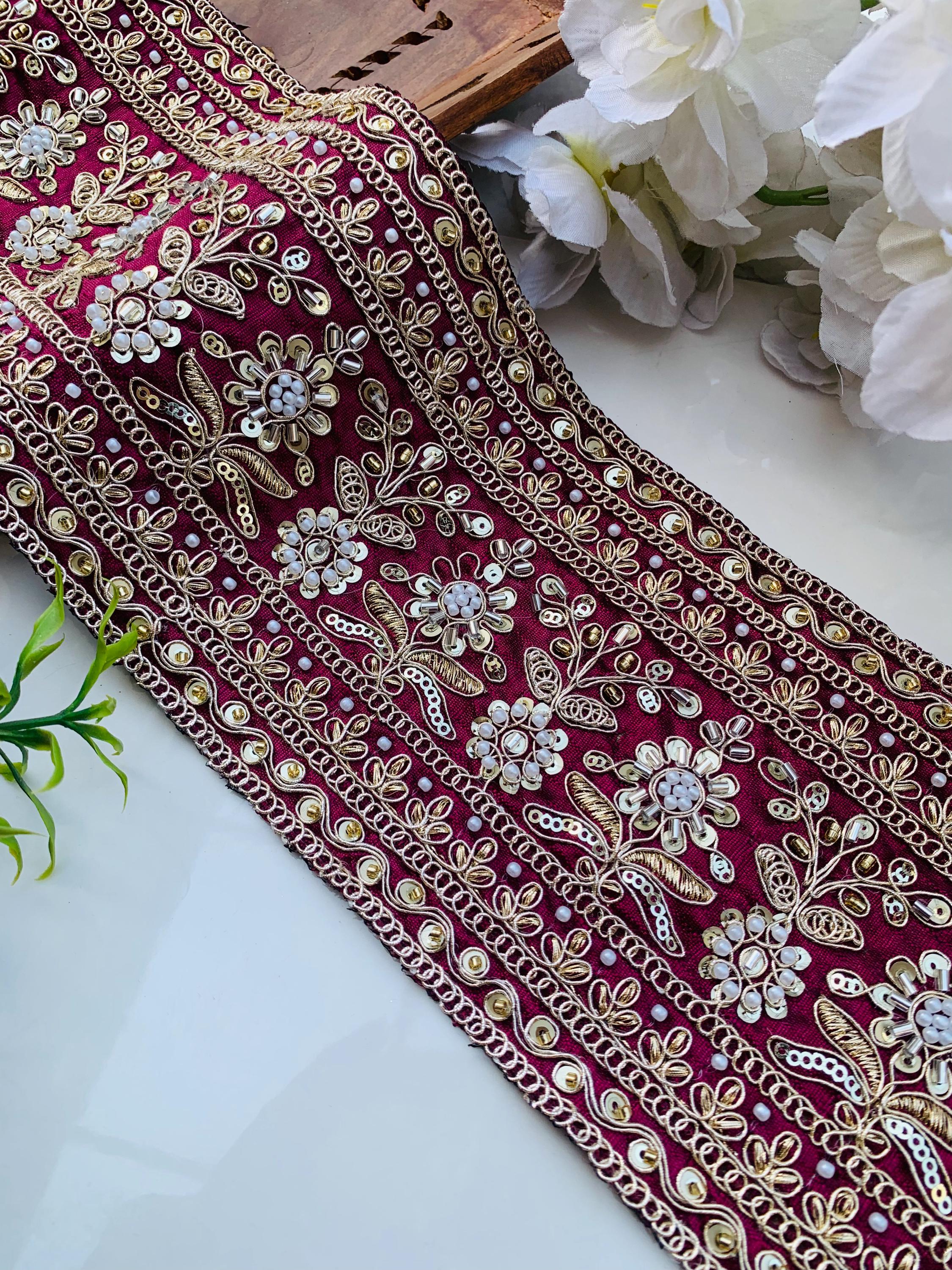 Dark Wine And Antique Golden Beadswork & Gold Sequin Zari Embroidered Trim Lace, Elegant Dress Embellishment Lace 12.5 cm Wide