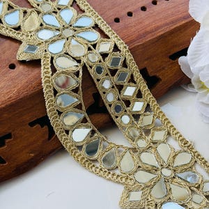 1 Yard Gold Scalloped Designer Mirror Trim, Glamourous Sari Border, Indian Bollywood Lace, DIY Sewing Border by Yard 8cm Wide