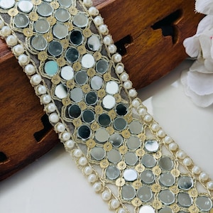 Pearl & Mirror Embroidered Gold Trim: Indian Zardozi Border, 4.5&quot;