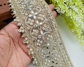 Pearl & Gold Embellished Lace Trim: 3