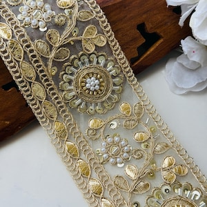Gold Sequin Sari Border Lace Trim: Indian Lehenga Fabric, 6.5cm Wide