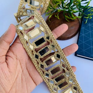 6cm Dull Gold Big Mirror Designer Indian Trim Glamourous Waist Belt Mirror Choker Band Bollywood Lace Kaftan DIY Sew on Trim By Yard