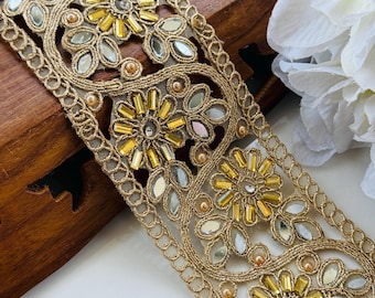 Antique Gold Zardozi Trim: Pearl, Crystal & Mirror Indian Border Lace