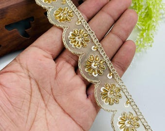 Gold Embroidery Beaded Scallop Border – 3 CM Ivory Beaded Lace 1 Yard