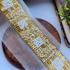 Antique Gold & White Beaded Lace Trim: Indian Handwork (1.18&quot; Inch)