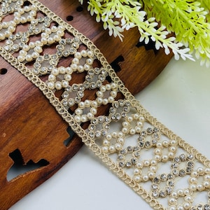 Golden Pearl & Zircon Trim Lace: Indian Embroidered Saree Border (5cm Wide)