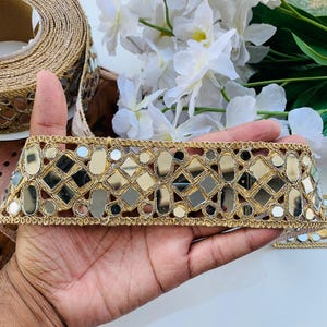 Geometric Mirror Work Zari Trim: Dark Gold Embellished Lace Border, 2" Inch Wide 1 Yard