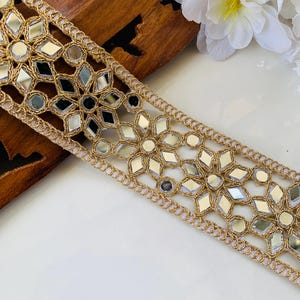 Gold Floral Mirror Sari Border: Indian Wedding Dress Trim ,  DIY Sewing Trim, 1 Yard