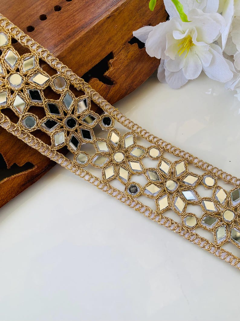 Gold Floral Mirror Sari Border: Indian Wedding Dress Trim ,  DIY Sewing Trim, 1 Yard