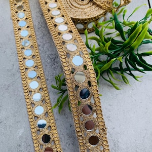 Handcrafted Gold Mirror Lace Trim | Designer Cutwork Border(1 Inch Wide), 1 Yard , Mirror lace fabric, wedding dress trim, Jewelry Accessories, Choker Band, DIY bracelets, Gold zari border, decorative trim, embroidery border, antique lace, lace applique, trim by the yard, vintage lace trim, indian trim
