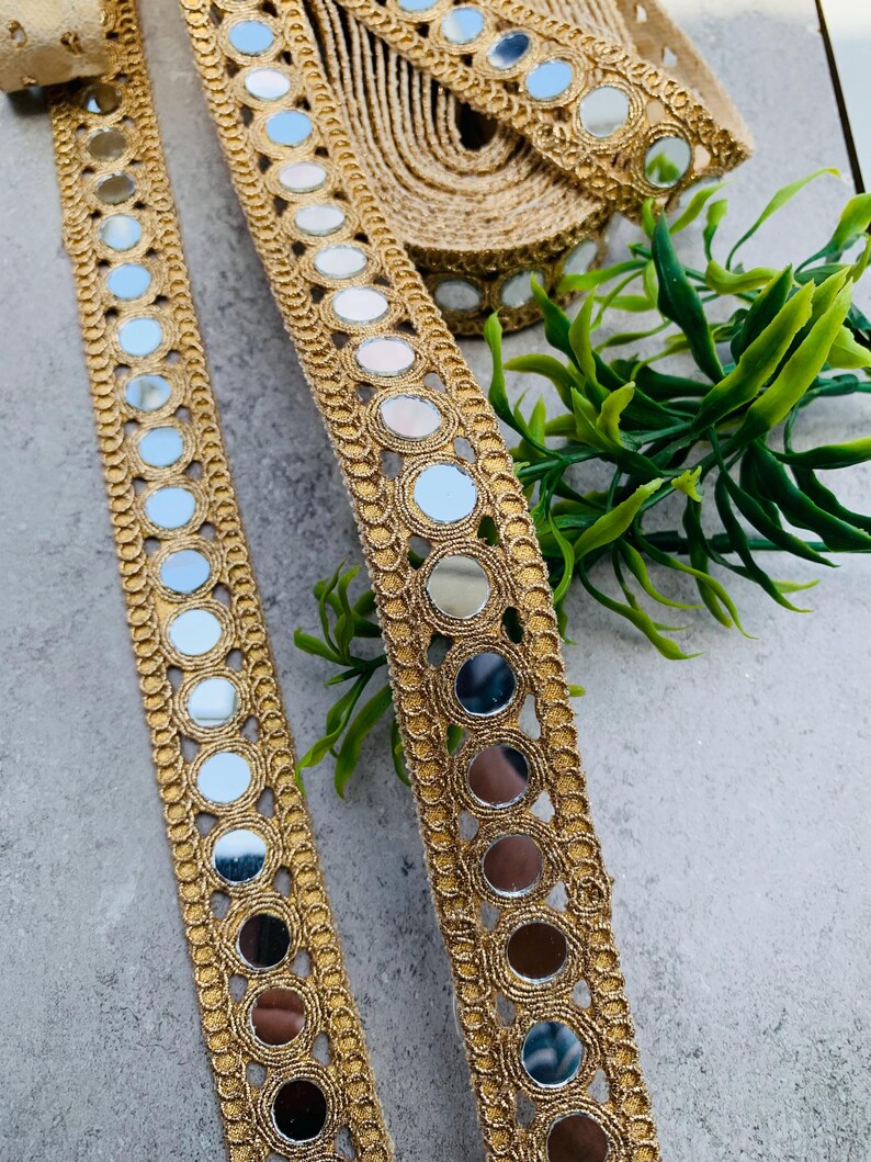 Handcrafted Gold Mirror Lace Trim | Designer Cutwork Border(1 Inch Wide), 1 Yard , Mirror lace fabric, wedding dress trim, Jewelry Accessories, Choker Band, DIY bracelets, Gold zari border, decorative trim, embroidery border, antique lace, lace applique, trim by the yard, vintage lace trim, indian trim