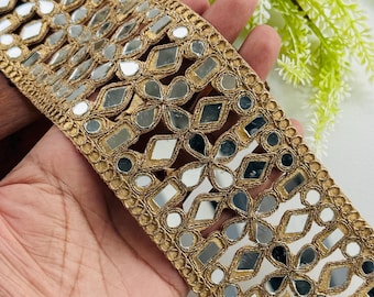 Gold Zari Embroidered Mirror Work Trim: 3"Inch Wide Geometric Border, 1 Yard