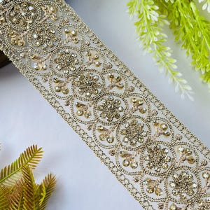 Luxury Gold Rhinestone Embellished Trim, Embroidery Craft Ribbon, 1 Yard , rhinestone trim, gold sari border, bridal dress trim, indian lace ribbon, zari embroidery trim, costume sewing trim, bridal lace border, designer saree lace, gold wedding trim, embroidered trim, rhinestone border, craft embellish trim, sewing supplies