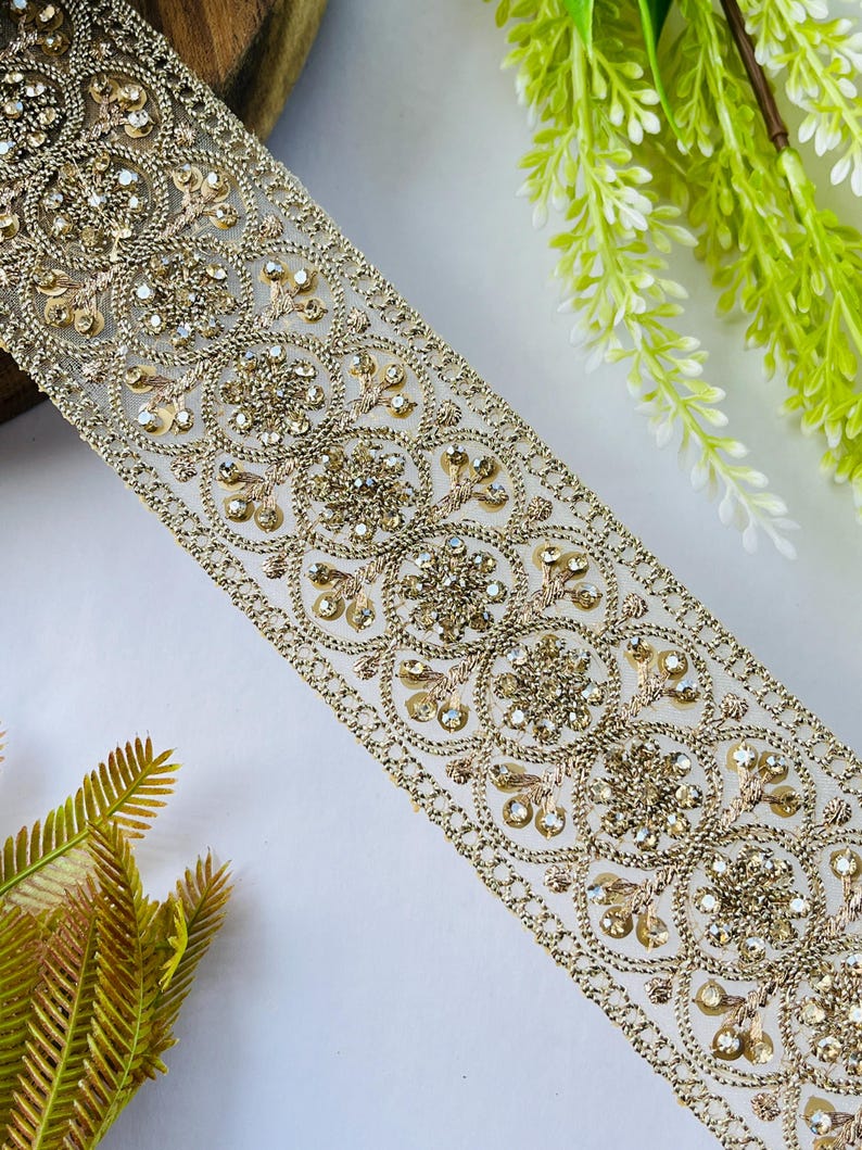 Luxury Gold Rhinestone Embellished Trim, Embroidery Craft Ribbon, 1 Yard , rhinestone trim, gold sari border, bridal dress trim, indian lace ribbon, zari embroidery trim, costume sewing trim, bridal lace border, designer saree lace, gold wedding trim, embroidered trim, rhinestone border, craft embellish trim, sewing supplies