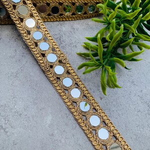 Handcrafted Gold Mirror Lace Trim | Designer Cutwork Border(1 Inch Wide), 1 Yard , Mirror lace fabric, wedding dress trim, Jewelry Accessories, Choker Band, DIY bracelets, Gold zari border, decorative trim, embroidery border, antique lace, lace applique, trim by the yard, vintage lace trim, indian trim