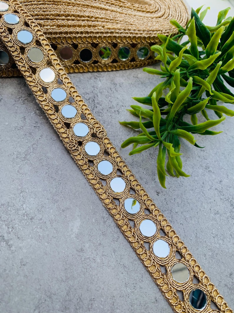 Handcrafted Gold Mirror Lace Trim | Designer Cutwork Border(1 Inch Wide), 1 Yard , Mirror lace fabric, wedding dress trim, Jewelry Accessories, Choker Band, DIY bracelets, Gold zari border, decorative trim, embroidery border, antique lace, lace applique, trim by the yard, vintage lace trim, indian trim