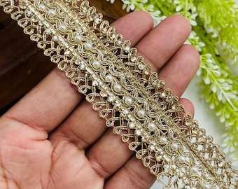 Gold Sequin Beaded Lace Trim: Zari Embroidered Indian Ribbon, 3.5"CM , 1 Yard