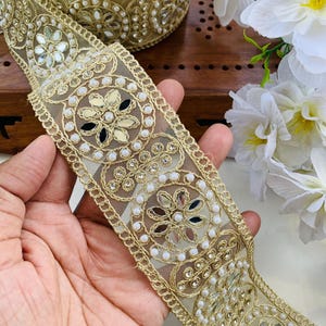 Antique Zircon Sequin Scallop Pearls Beads Golden Fabric