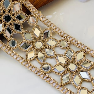 Gold Floral Mirror Sari Border: Indian Wedding Dress Trim ,  DIY Sewing Trim, 1 Yard