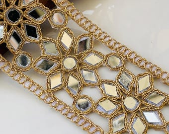 Encaje de espejo dorado con bordado floral Zari: vestido de novia y adorno de costura DIY, 1 yarda
