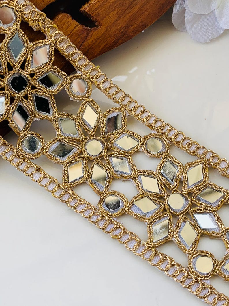 Gold Floral Mirror Sari Border: Indian Wedding Dress Trim ,  DIY Sewing Trim, 1 Yard
