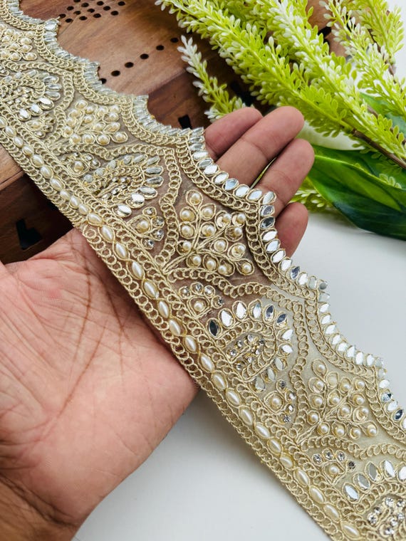 Gold Zari Lace Trim: Pearl & Mirror Beaded Indian Embroidered Border, 1 Yard