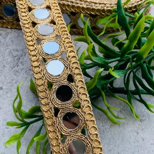 Handcrafted Gold Mirror Lace Trim | Designer Cutwork Border(1 Inch Wide), 1 Yard , Mirror lace fabric, wedding dress trim, Jewelry Accessories, Choker Band, DIY bracelets, Gold zari border, decorative trim, embroidery border, antique lace, lace applique, trim by the yard, vintage lace trim, indian trim
