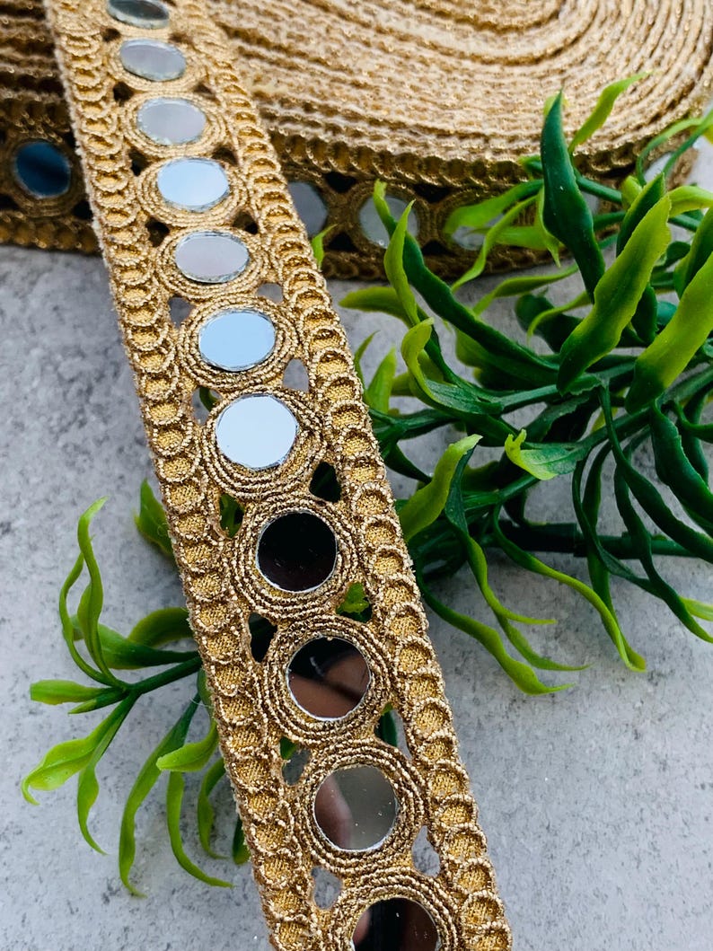 Handcrafted Gold Mirror Lace Trim | Designer Cutwork Border(1 Inch Wide), 1 Yard , Mirror lace fabric, wedding dress trim, Jewelry Accessories, Choker Band, DIY bracelets, Gold zari border, decorative trim, embroidery border, antique lace, lace applique, trim by the yard, vintage lace trim, indian trim