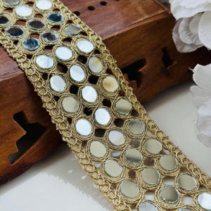 Dark Golden Geometric Mirror Trim, Zari Embellished Border, Wedding Dress Embellishments, Indian Dupatta Lehenga Lace by Yard 5.5cm Wide