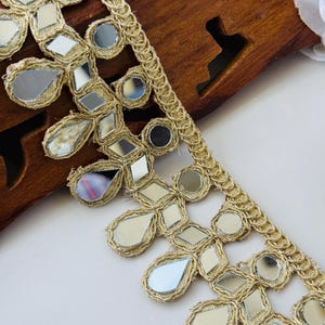 Narrow Antique Gold Mirror Trim, Cutwork Suspended Sari Border, Wedding Dress Embellishments, Indian Dupatta Lehenga Lace 2&quot;Inch