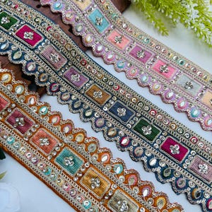 Zircon - Mirror & Zari Embroidered Multi-Color Trim: Indian Saree Border Lace, 1 Yard