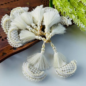 Crystal Pearl Tassel Latkan Pair: Pale Gold Bridal Sari Blouse Embellishments