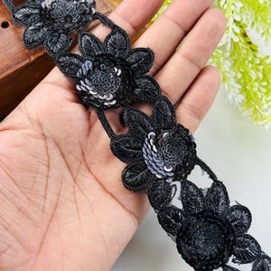 Floral Black Sequin Embroidered Lace Trim - 5"cm Wide