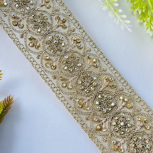 Luxury Gold Rhinestone Embellished Trim, Embroidery Craft Ribbon, 1 Yard , rhinestone trim, gold sari border, bridal dress trim, indian lace ribbon, zari embroidery trim, costume sewing trim, bridal lace border, designer saree lace, gold wedding trim, embroidered trim, rhinestone border, craft embellish trim, sewing supplies