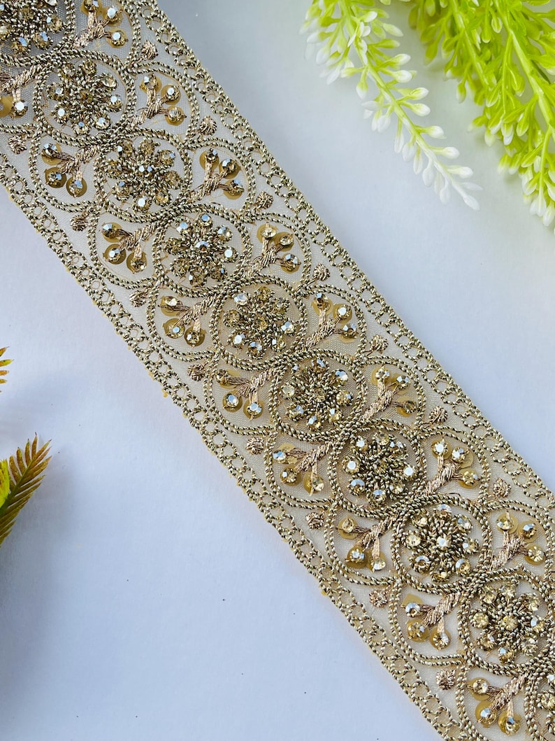 Luxury Gold Rhinestone Embellished Trim, Embroidery Craft Ribbon, 1 Yard , rhinestone trim, gold sari border, bridal dress trim, indian lace ribbon, zari embroidery trim, costume sewing trim, bridal lace border, designer saree lace, gold wedding trim, embroidered trim, rhinestone border, craft embellish trim, sewing supplies