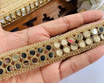 Beautiful Gold Mirror  Vine, Glamourous Sari trim, Indian Dupatta Lace, DIY Sewing Decoration Border By yard, 3 CM Wide