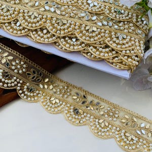 Mirror Pearl Embellished Lace Trim – 1 Yard | Bridal Wedding Dress Lace | Saree Border | DIY Sewing, Curtains, Craft Supplies