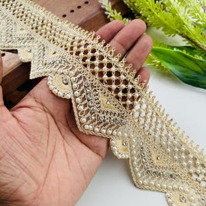 Pearl Embellished Pale Golden Zircon and Pearl Trim Lace, Indian Sari Border Scalloped Lace, Lehenga Gown Dress Trim , 2.75&quot; Inch Wide