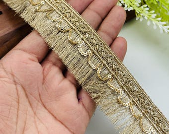 Metallic Gold Sequin Fringe Lace Trim: Indian Embellishment Border, 1.6 Inch, 1 Yard