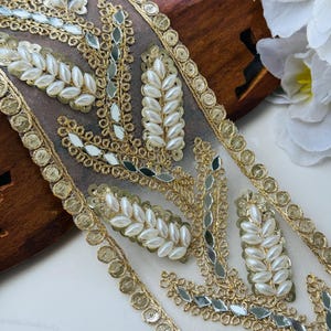 Mirror Pearl Embellished Lace Trim - 1 Yard | Bridal Wedding Dress Lace | Saree Border | DIY Sewing, Curtains, Craft Supplies 2.75&quot;Inch Wide