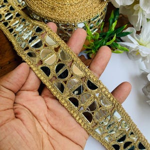 Beautiful Gold Mirror Cutwork Vine, Glamourous Sari trim, Indian Dupatta Lace, DIY Sewing Decoration Border for Waist Belt By yard