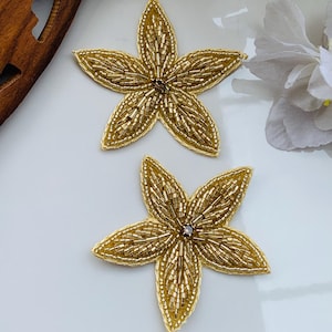 Gold Glass Beaded Star Applique Patches: Handmade Indian Sewing Embellishments