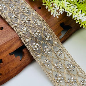 Golden Zari Embroidered Vine Trim: Pearl & Zircon Indian Sari Border