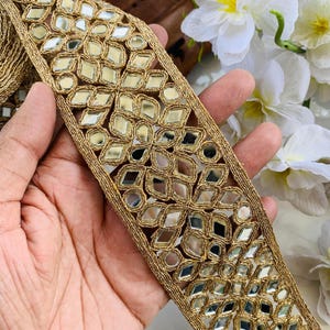 Antique Gold Symmetric Mirror Cutwork Trim, Glamourous Sari trim, Indian Dupatta Lace, DIY Sewing Decoration Border By yard 6 CM Wide