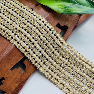 Pearl & Zircon Indian Lace Trim: Sari Border, Dress Embellishment - 6&quot; Wide