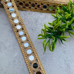 Handcrafted Gold Mirror Lace Trim | Designer Cutwork Border(1 Inch Wide), 1 Yard , Mirror lace fabric, wedding dress trim, Jewelry Accessories, Choker Band, DIY bracelets, Gold zari border, decorative trim, embroidery border, antique lace, lace applique, trim by the yard, vintage lace trim, indian trim