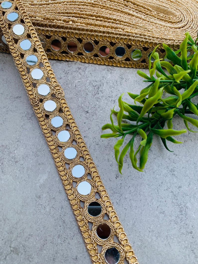 Handcrafted Gold Mirror Lace Trim | Designer Cutwork Border(1 Inch Wide), 1 Yard , Mirror lace fabric, wedding dress trim, Jewelry Accessories, Choker Band, DIY bracelets, Gold zari border, decorative trim, embroidery border, antique lace, lace applique, trim by the yard, vintage lace trim, indian trim