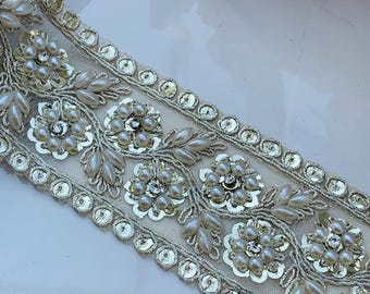 1 Yard Zircon - Pearl Embellished Gold Trim, Indian Flower Zari Embroidered Pearl Zardozi Saree Border Lace, 5&quot; CM Wide