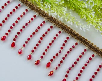 Red Crystal Beaded Fringe Trim: Luxury DIY Sewing Decor -3 Inch, 1 Yard
