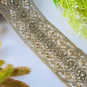 Luxury Gold Rhinestone Embellished Trim, Embroidery Craft Ribbon, 1 Yard , rhinestone trim, gold sari border, bridal dress trim, indian lace ribbon, zari embroidery trim, costume sewing trim, bridal lace border, designer saree lace, gold wedding trim, embroidered trim, rhinestone border, craft embellish trim, sewing supplies